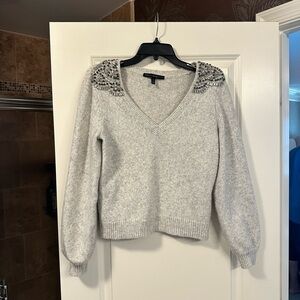 White House Black Market Gray V-Neck Sweater with Embellished Shoulders - Size M